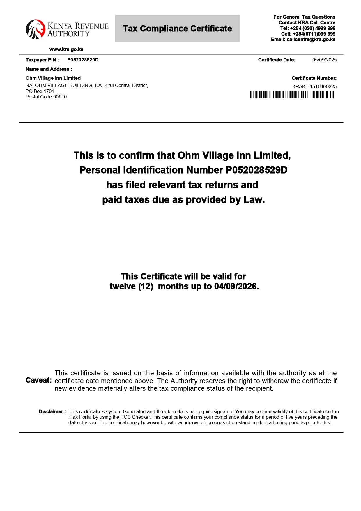 KRA Tax Compliance Certificate